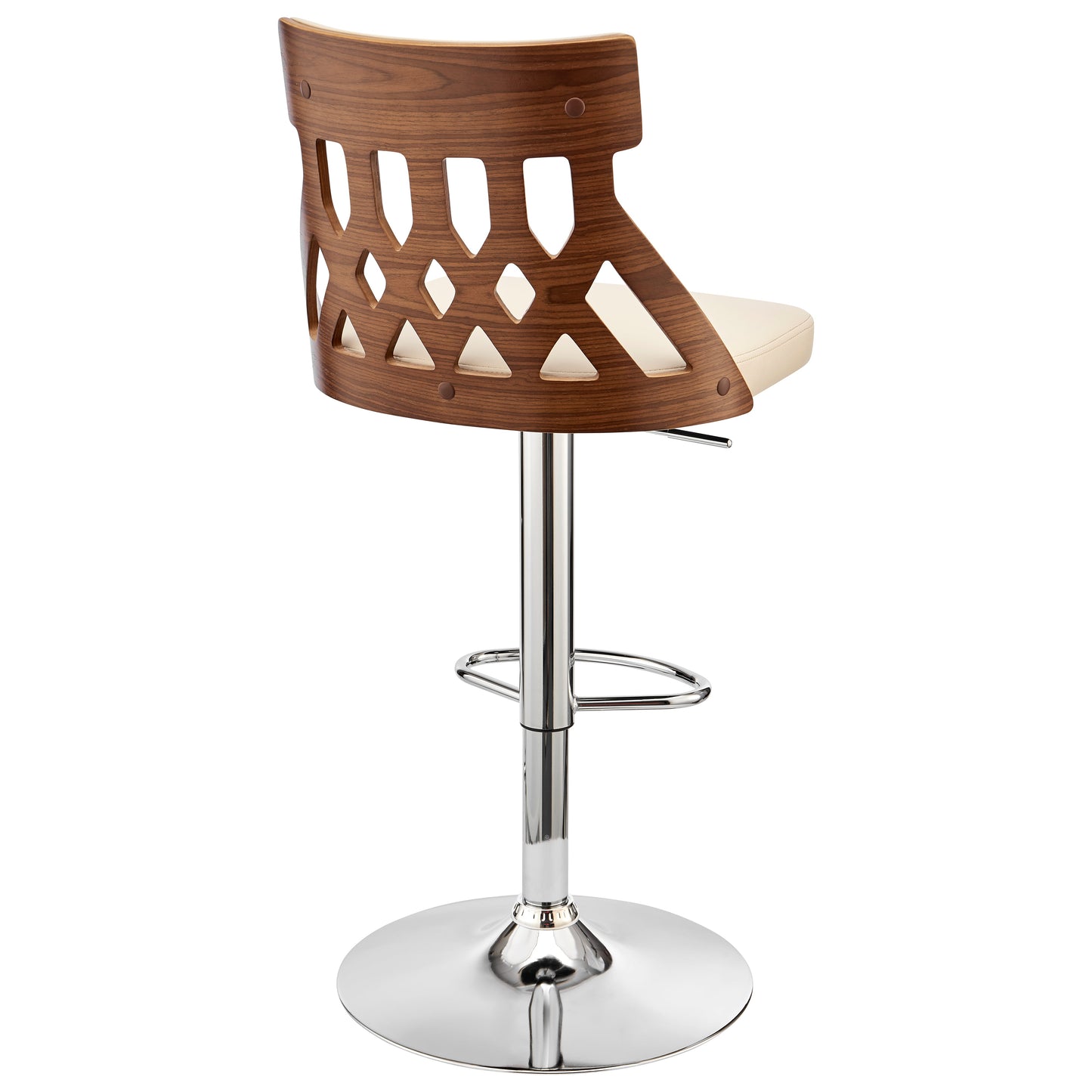 Angelo Adjustable Swivel Cream Faux Leather & Walnut Wood Bar Stool with Chrome Base