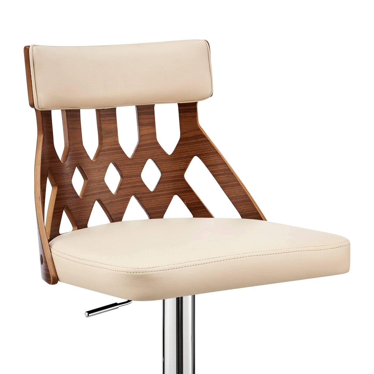 Angelo Adjustable Swivel Cream Faux Leather & Walnut Wood Bar Stool with Chrome Base