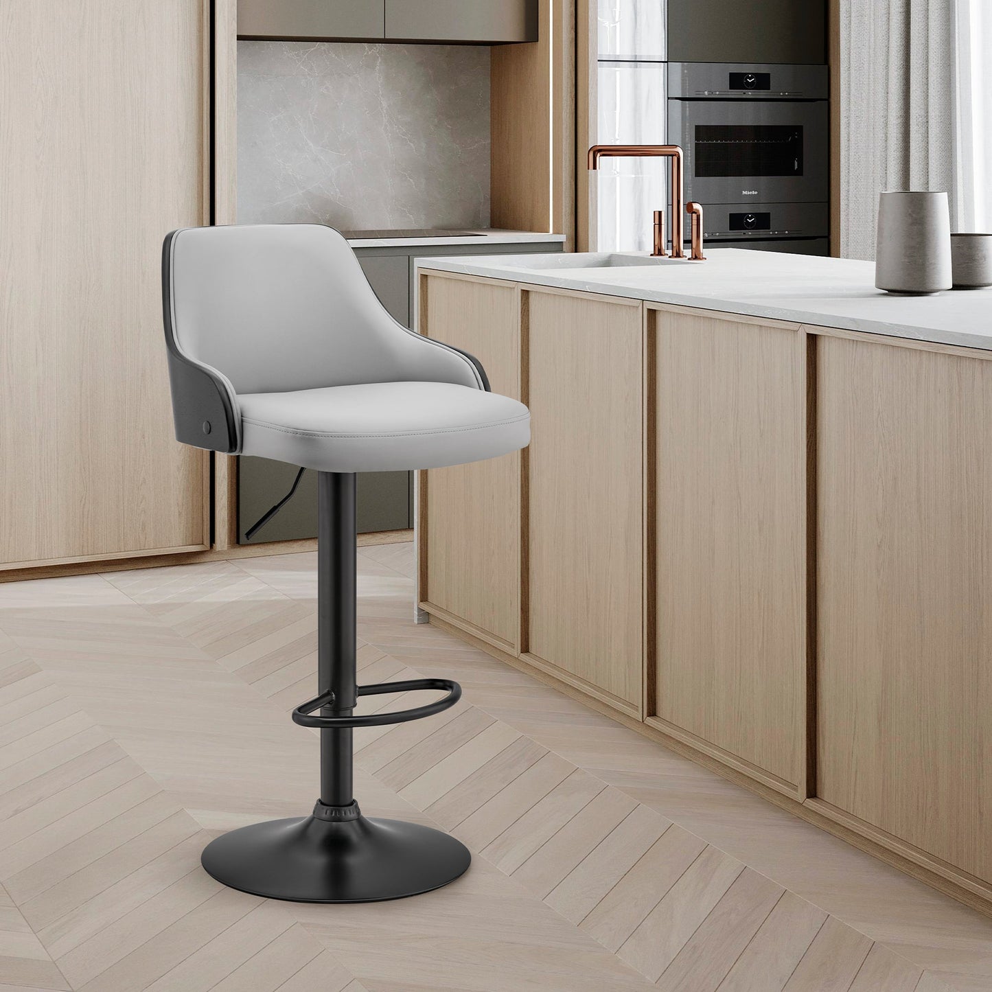 Asher Adjustable Gray Faux Leather and Black Finish Bar Stool