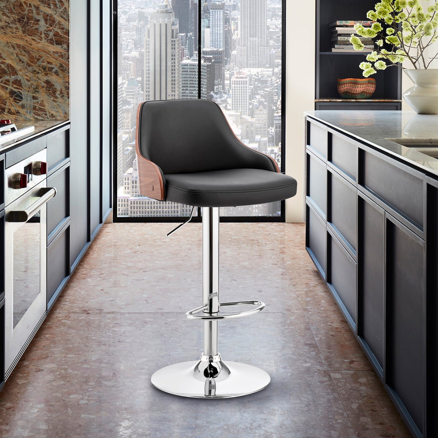 Asher Adjustable Black Faux Leather and Chrome Finish Bar Stool