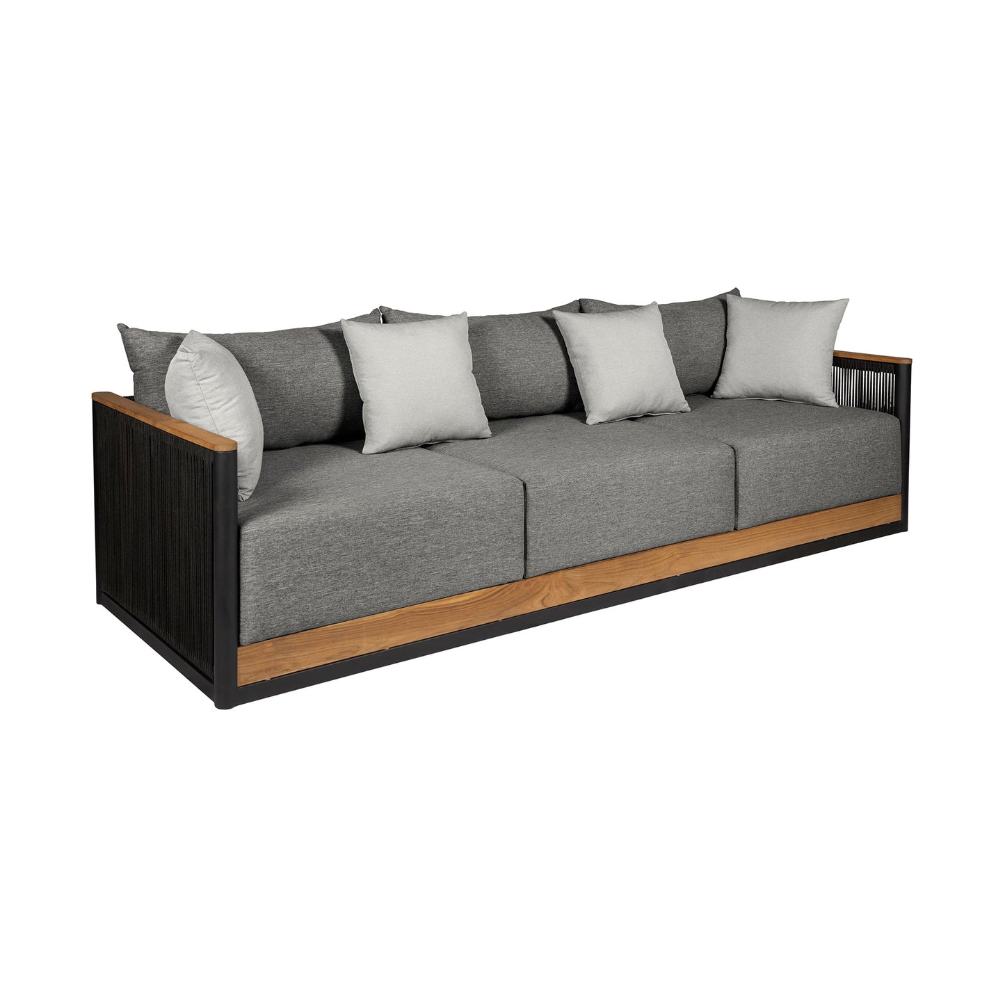 Artesia Outdoor Patio Sofa in Teak Wood and Black Rope with Dark Gray Olefin Cushions