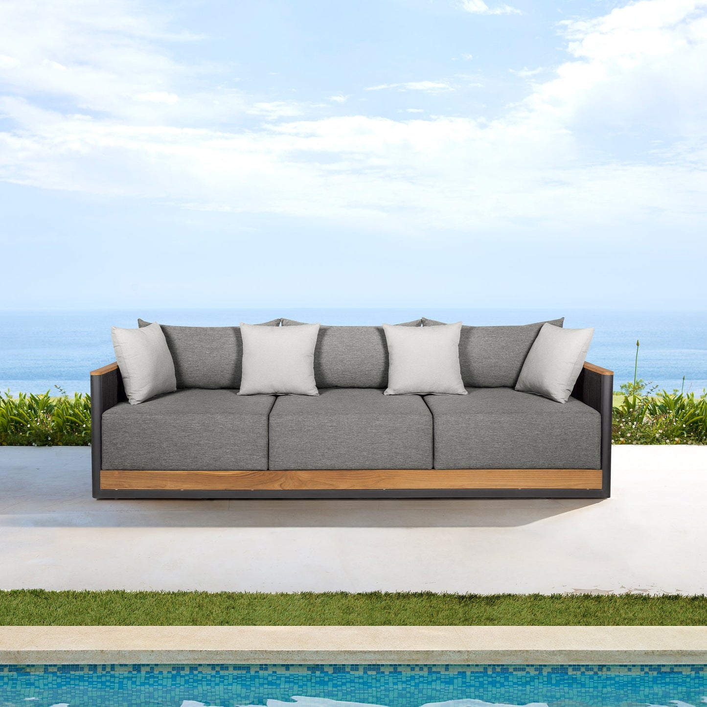 Artesia Outdoor Patio Sofa in Teak Wood and Black Rope with Dark Gray Olefin Cushions