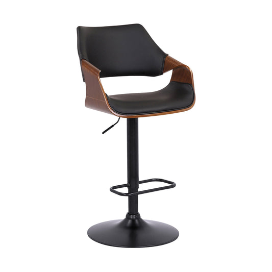 Aspen Adjustable Swivel Black Faux Leather and Walnut Wood Bar Stool with Black Base