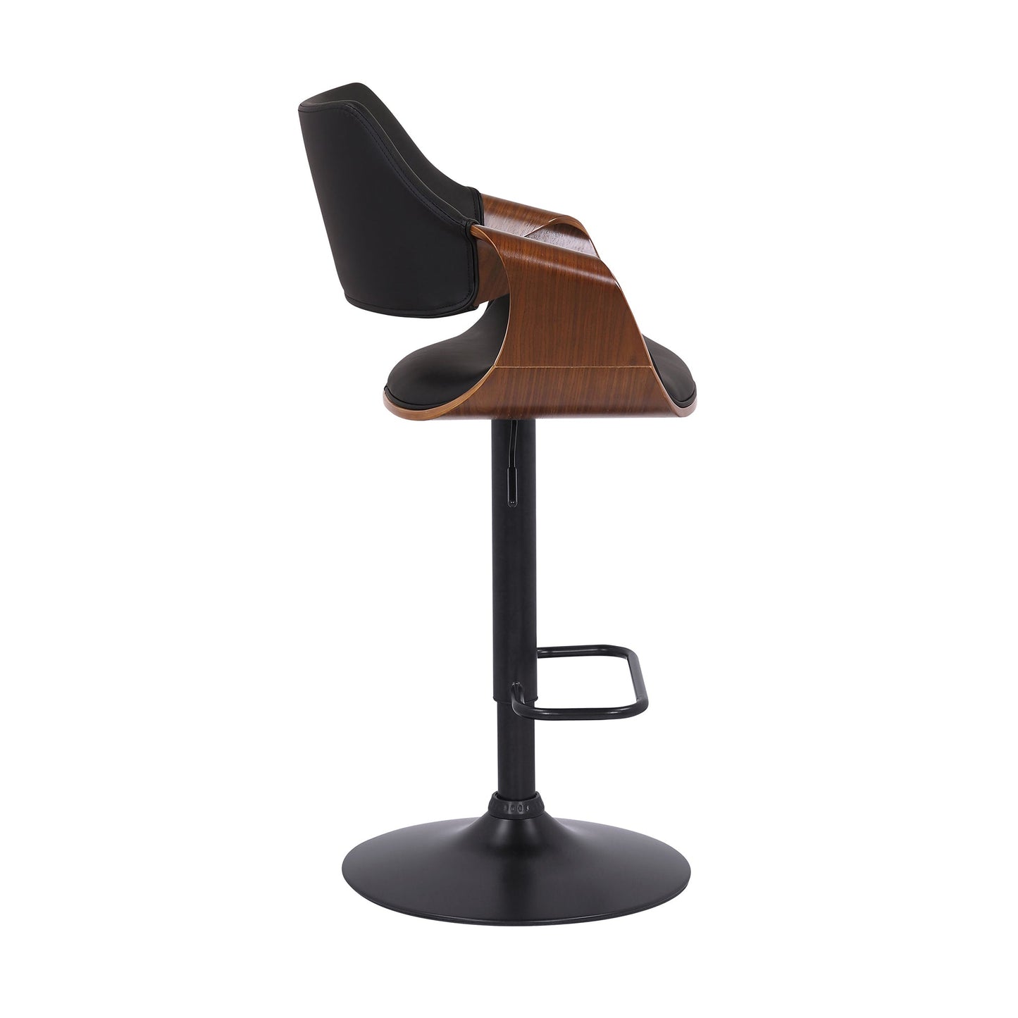 Aspen Adjustable Swivel Black Faux Leather and Walnut Wood Bar Stool with Black Base