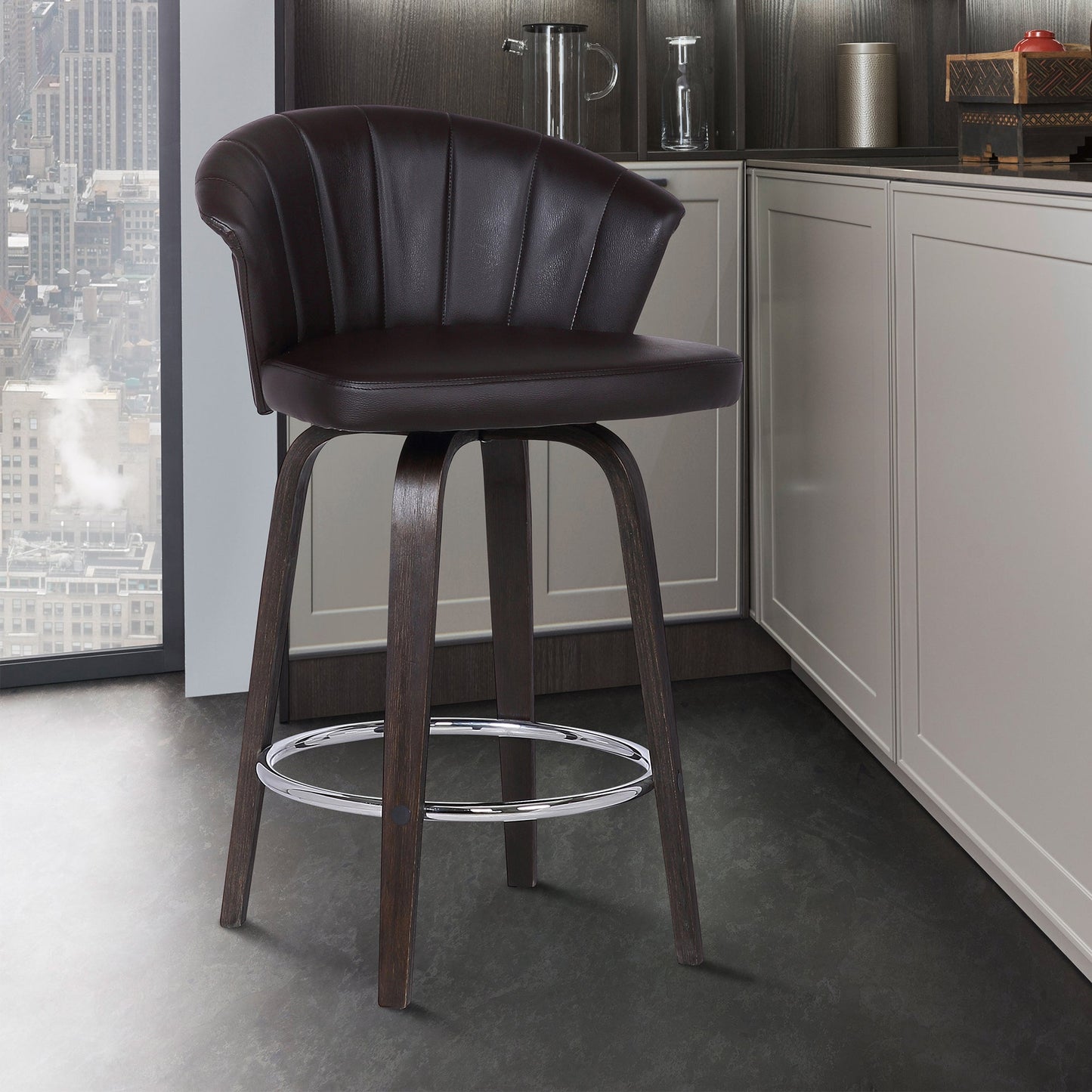 Ashley Wood Back 26" Swivel Brown Faux Leather Bar Stool