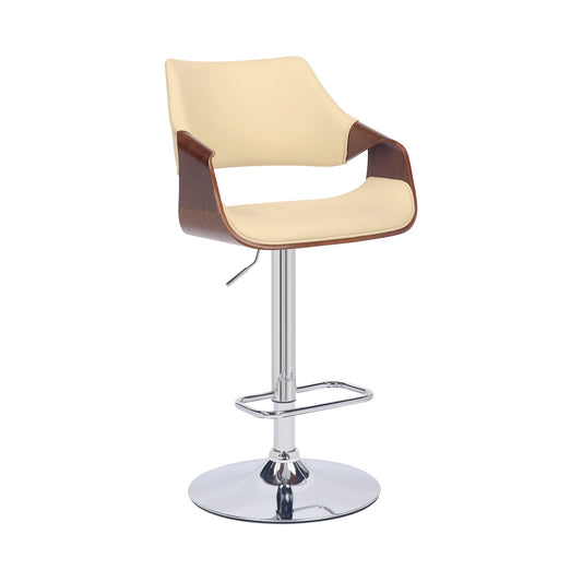 Aspen Adjustable Swivel Cream Faux Leather and Walnut Wood Bar Stool with Chrome Base