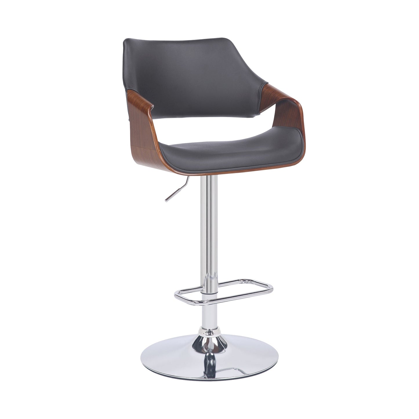 Aspen Adjustable Swivel Gray Faux Leather and Walnut Wood Bar Stool with Chrome Base