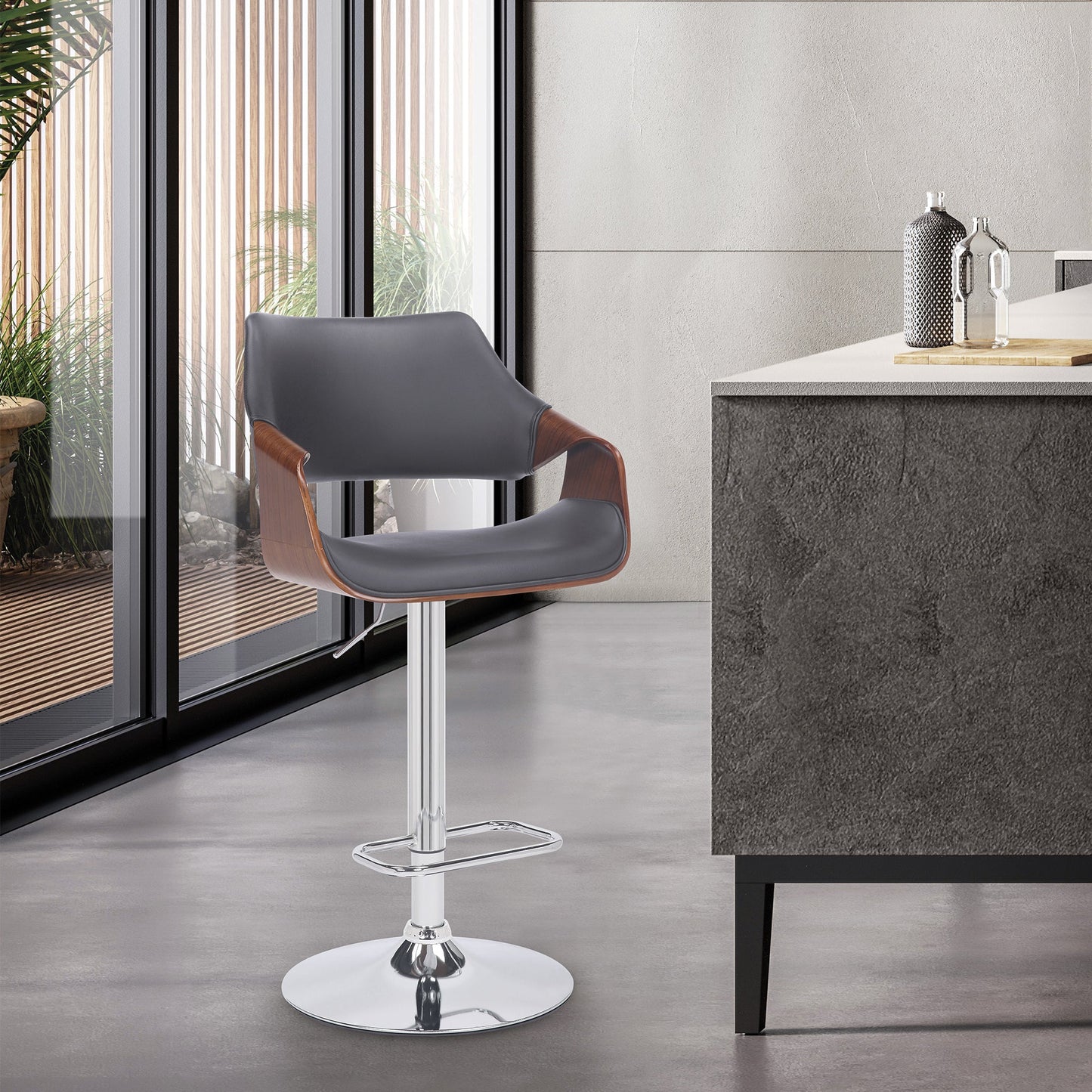 Aspen Adjustable Swivel Gray Faux Leather and Walnut Wood Bar Stool with Chrome Base