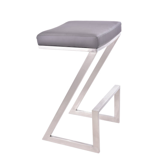 Atlantis 26" Counter Height Backless Gray Faux Leather and Brushed Stainless Steel Bar Stool