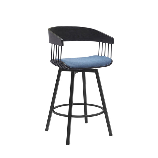 Athena 27" Swivel Black Wood Counter Stool in Blue Fabric with Black Metal