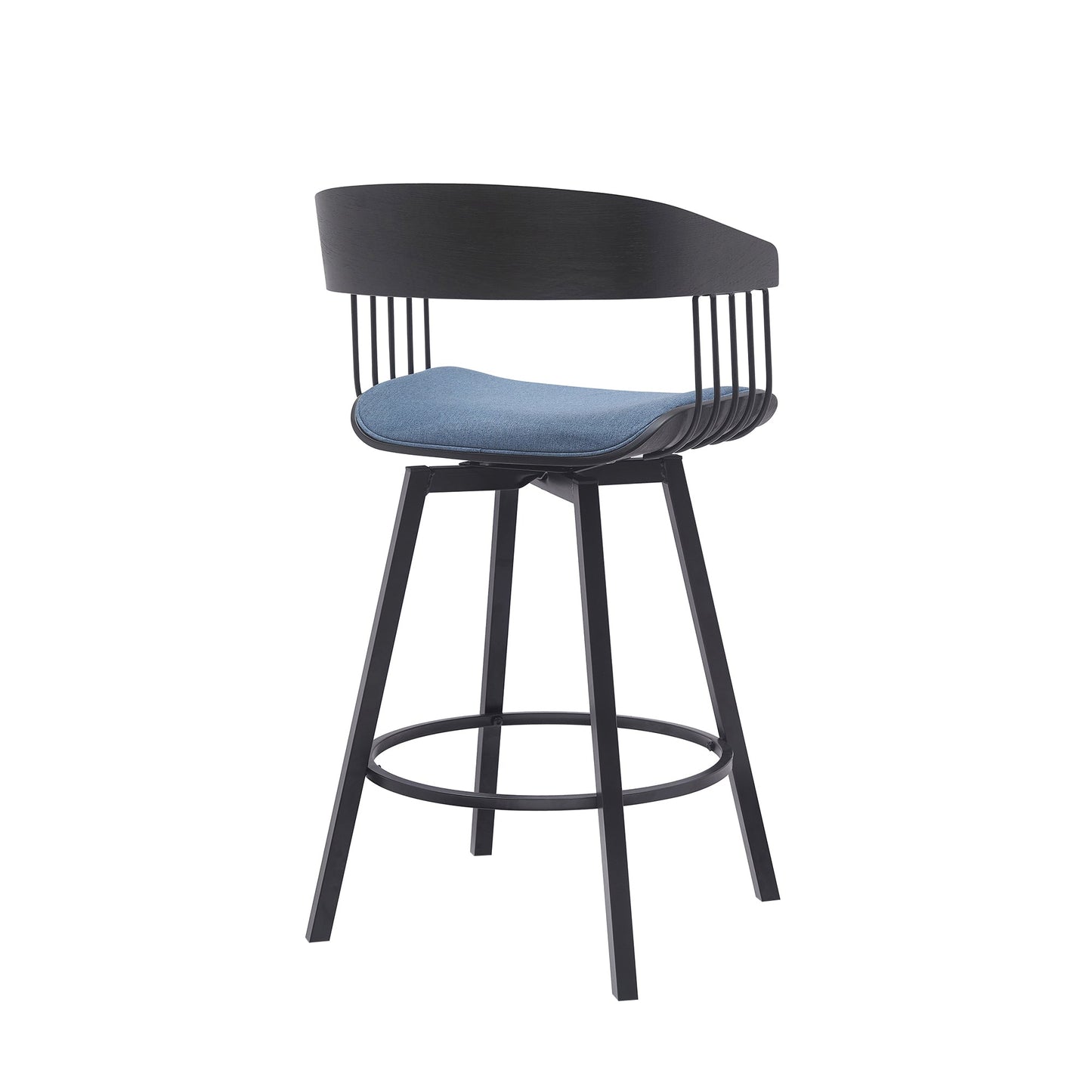 Athena 27" Swivel Black Wood Counter Stool in Blue Fabric with Black Metal