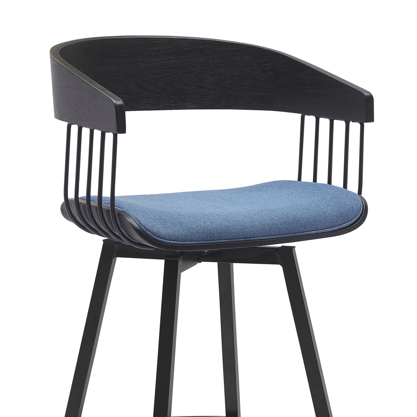 Athena 27" Swivel Black Wood Counter Stool in Blue Fabric with Black Metal