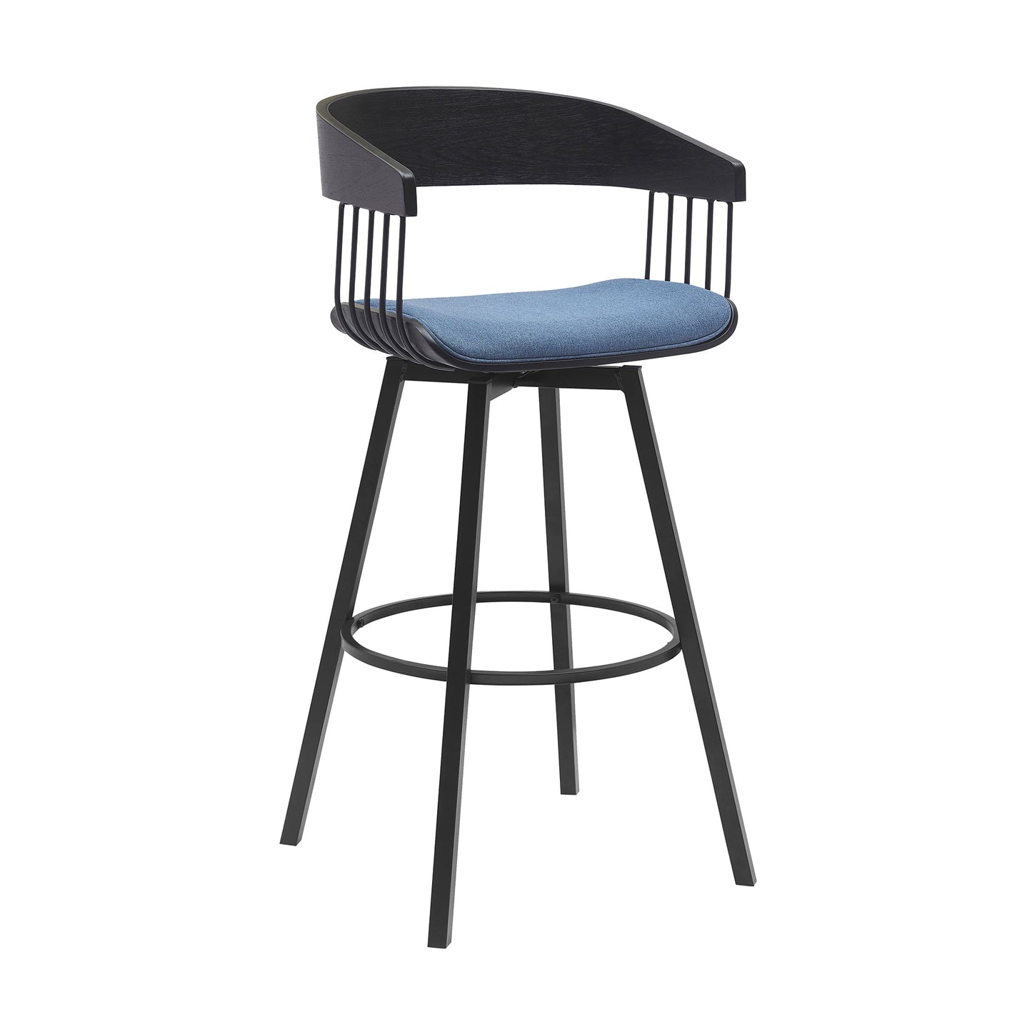 Athena 31" Swivel Black Wood Bar Stool in Blue Fabric with Black Metal