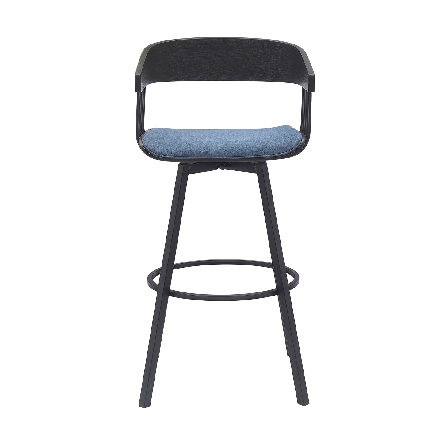 Athena 31" Swivel Black Wood Bar Stool in Blue Fabric with Black Metal