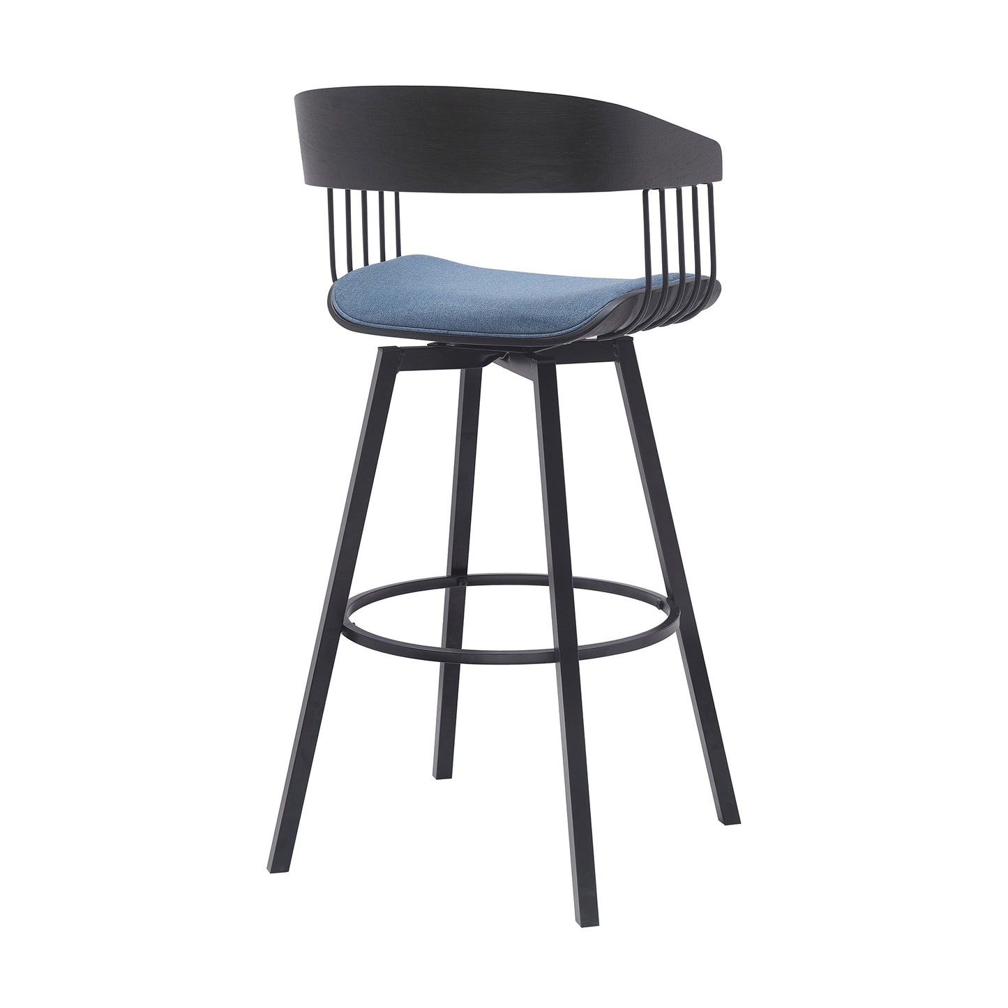 Athena 31" Swivel Black Wood Bar Stool in Blue Fabric with Black Metal