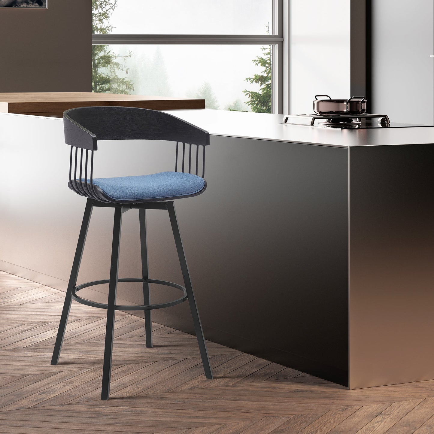 Athena 31" Swivel Black Wood Bar Stool in Blue Fabric with Black Metal