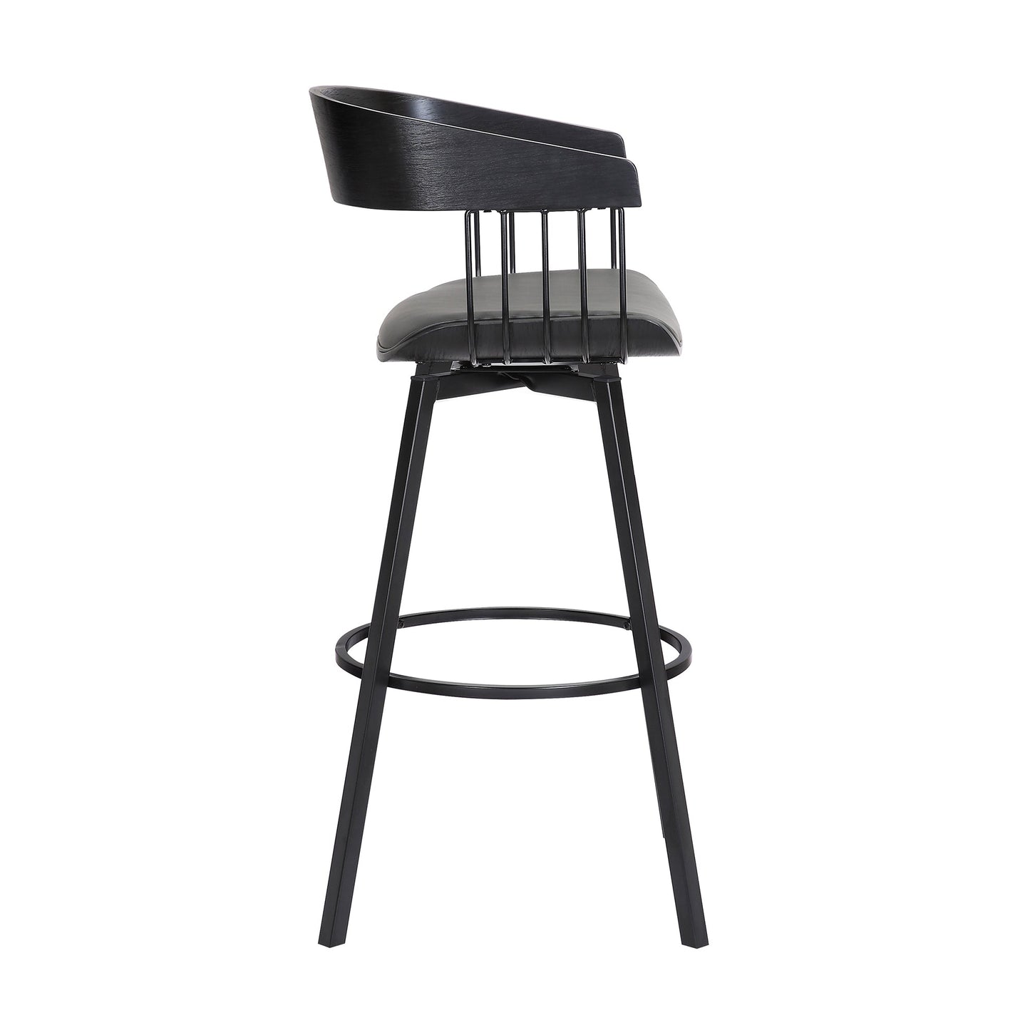 Athena 27" Swivel Black Wood Counter Stool in Gray Faux Leather with Black Metal