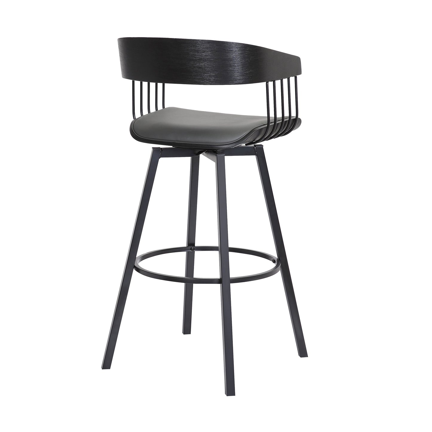 Athena 27" Swivel Black Wood Counter Stool in Gray Faux Leather with Black Metal