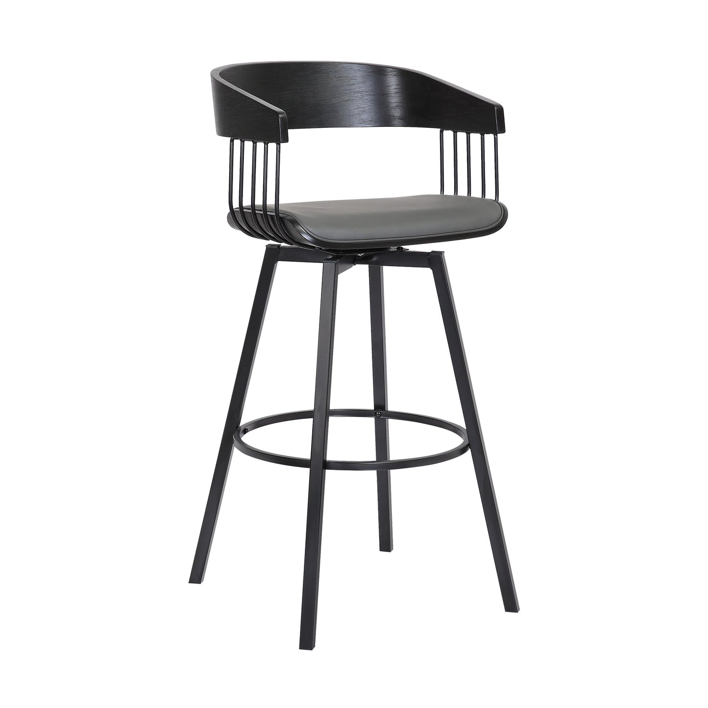 Athena 31" Swivel Black Wood Bar Stool in Gray Faux Leather with Black Metal