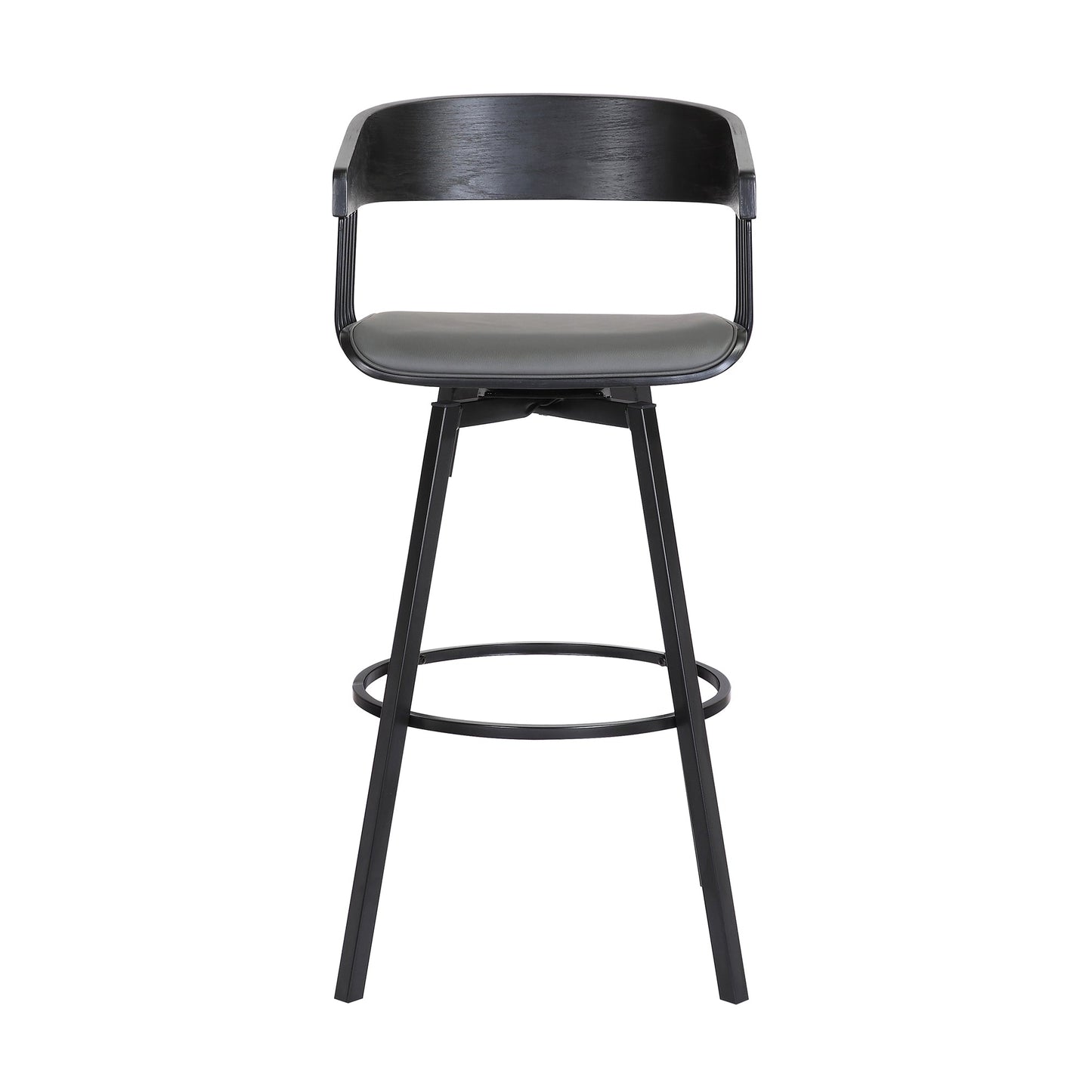 Athena 31" Swivel Black Wood Bar Stool in Gray Faux Leather with Black Metal