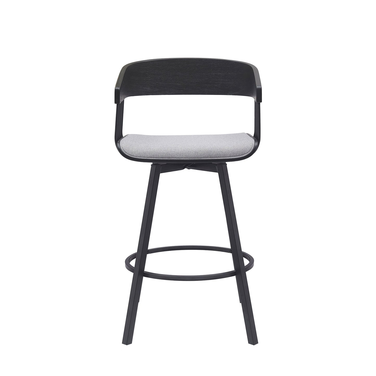 Athena 27" Swivel Black Wood Counter Stool in Light Gray Fabric with Black Metal