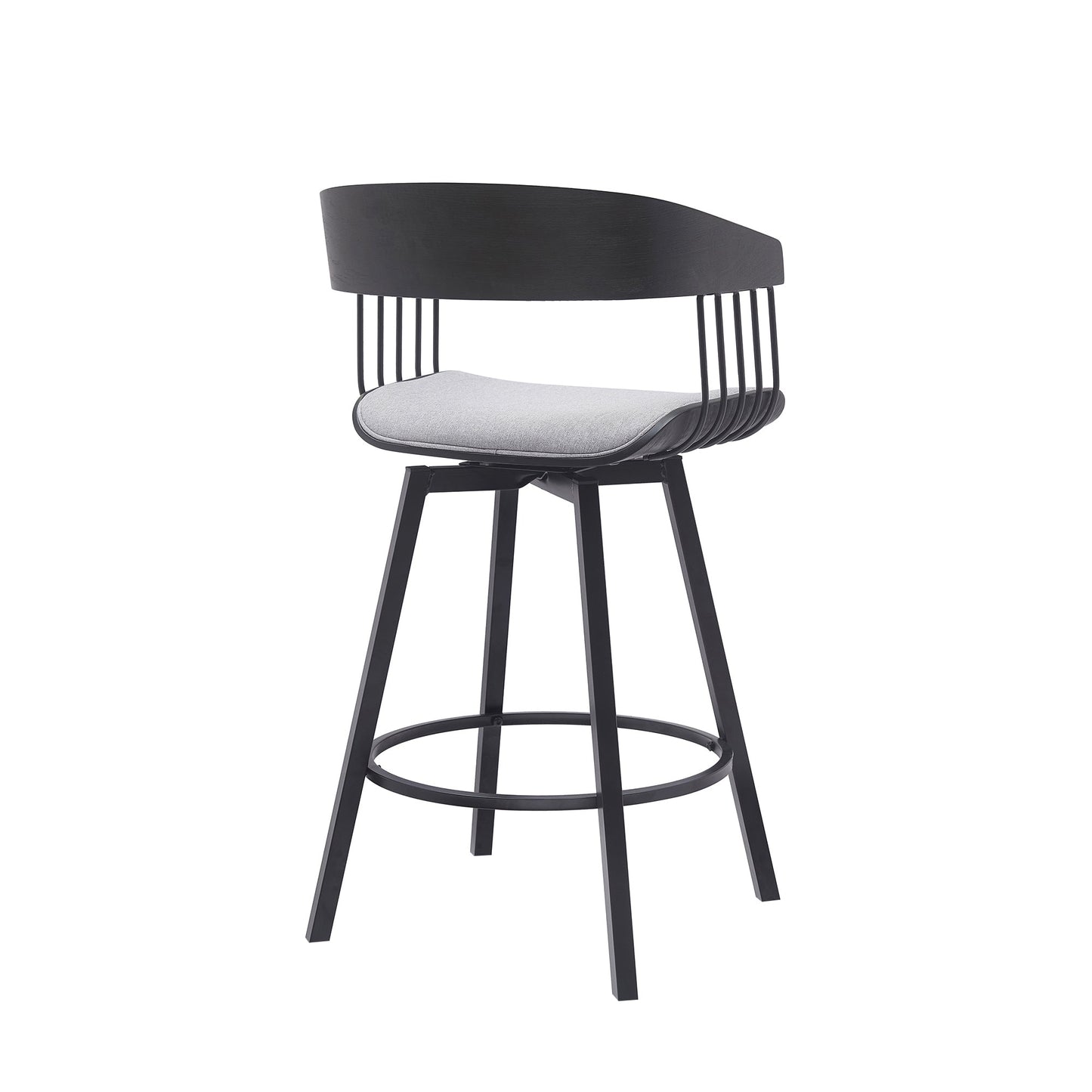 Athena 27" Swivel Black Wood Counter Stool in Light Gray Fabric with Black Metal