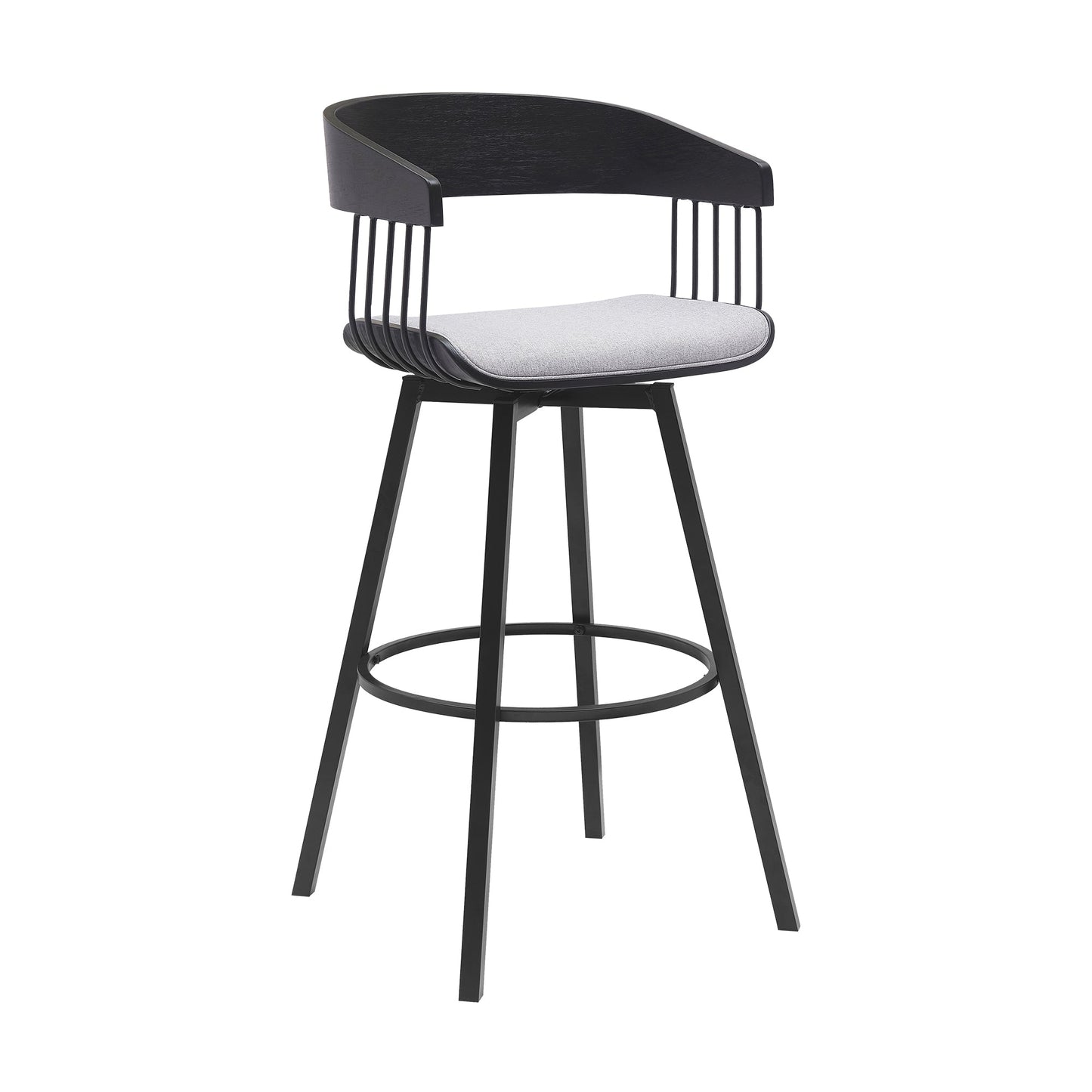 Athena 31" Swivel Black Wood Bar Stool in Light Gray Fabric with Black Metal