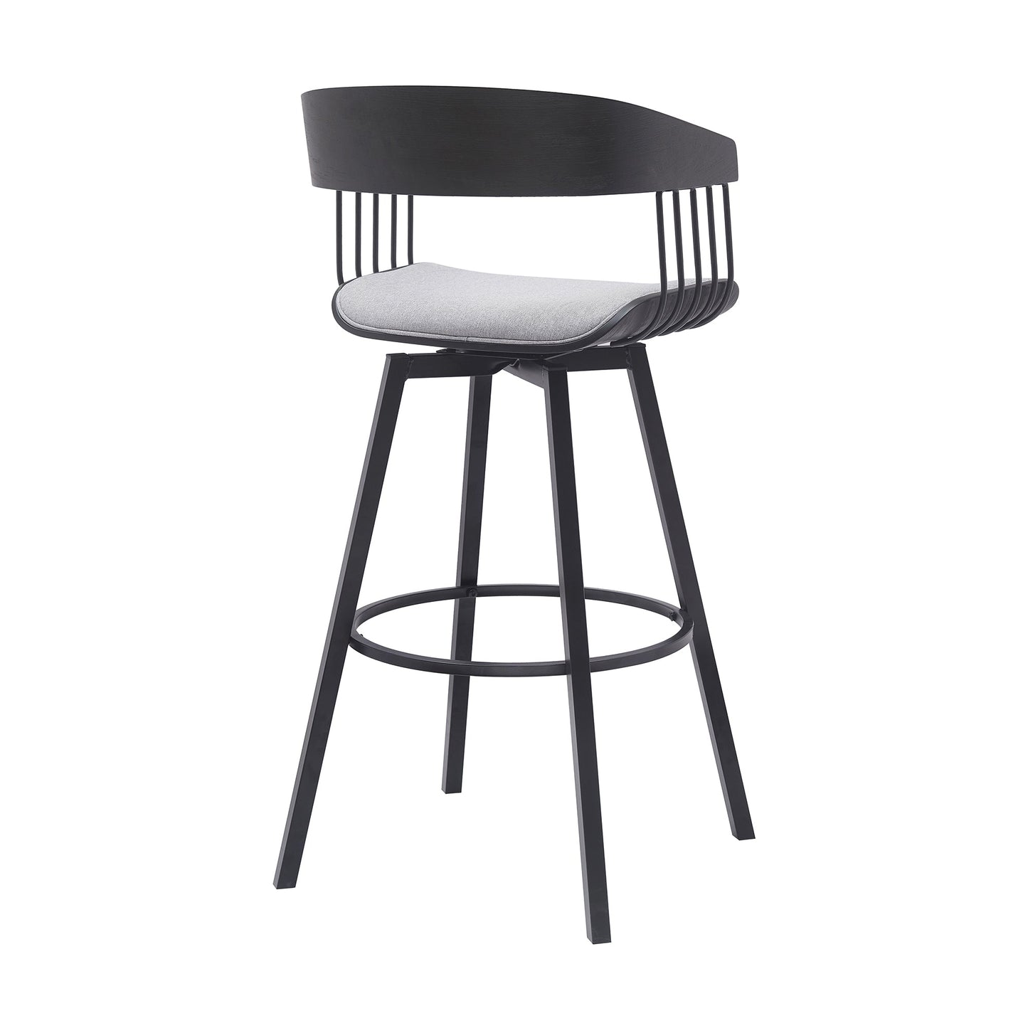 Athena 31" Swivel Black Wood Bar Stool in Light Gray Fabric with Black Metal