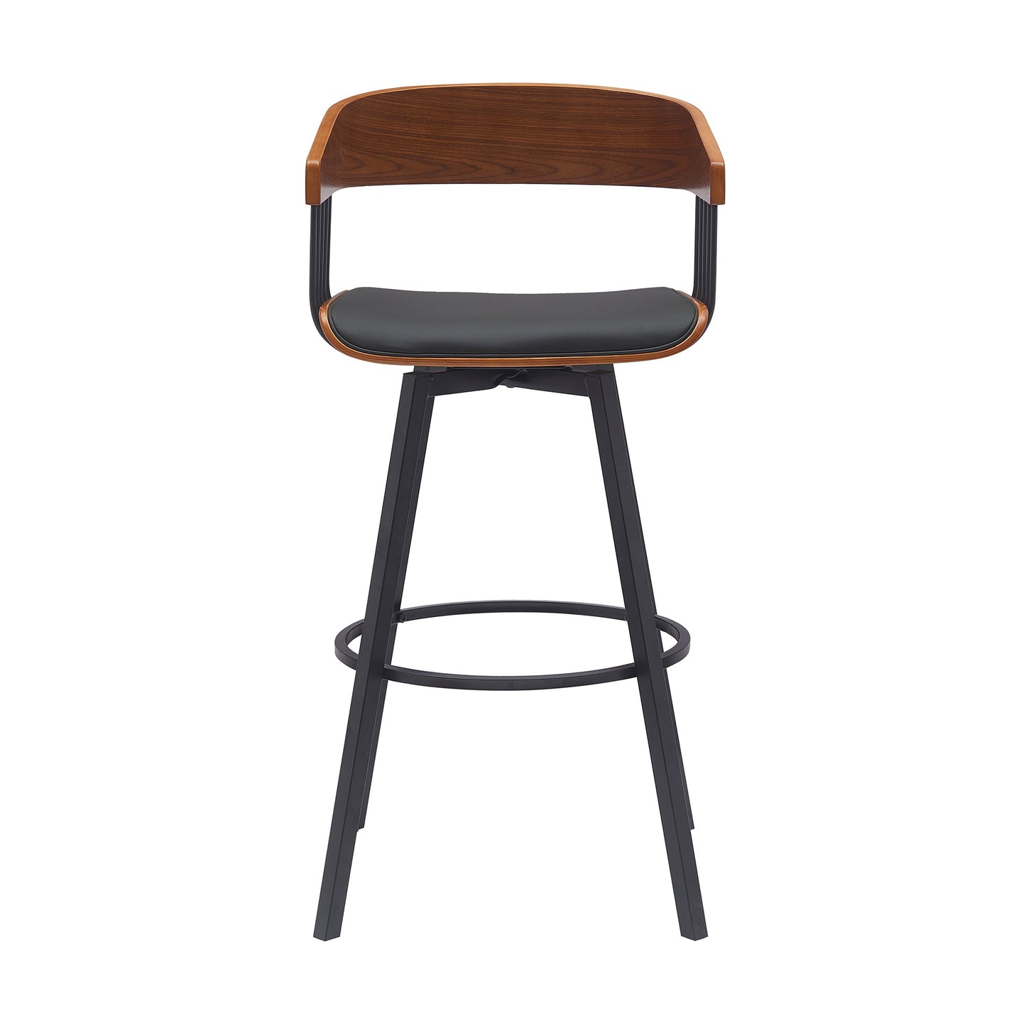 Athena 31" Swivel Walnut Wood Bar Stool in Black Faux Leather with Black Metal