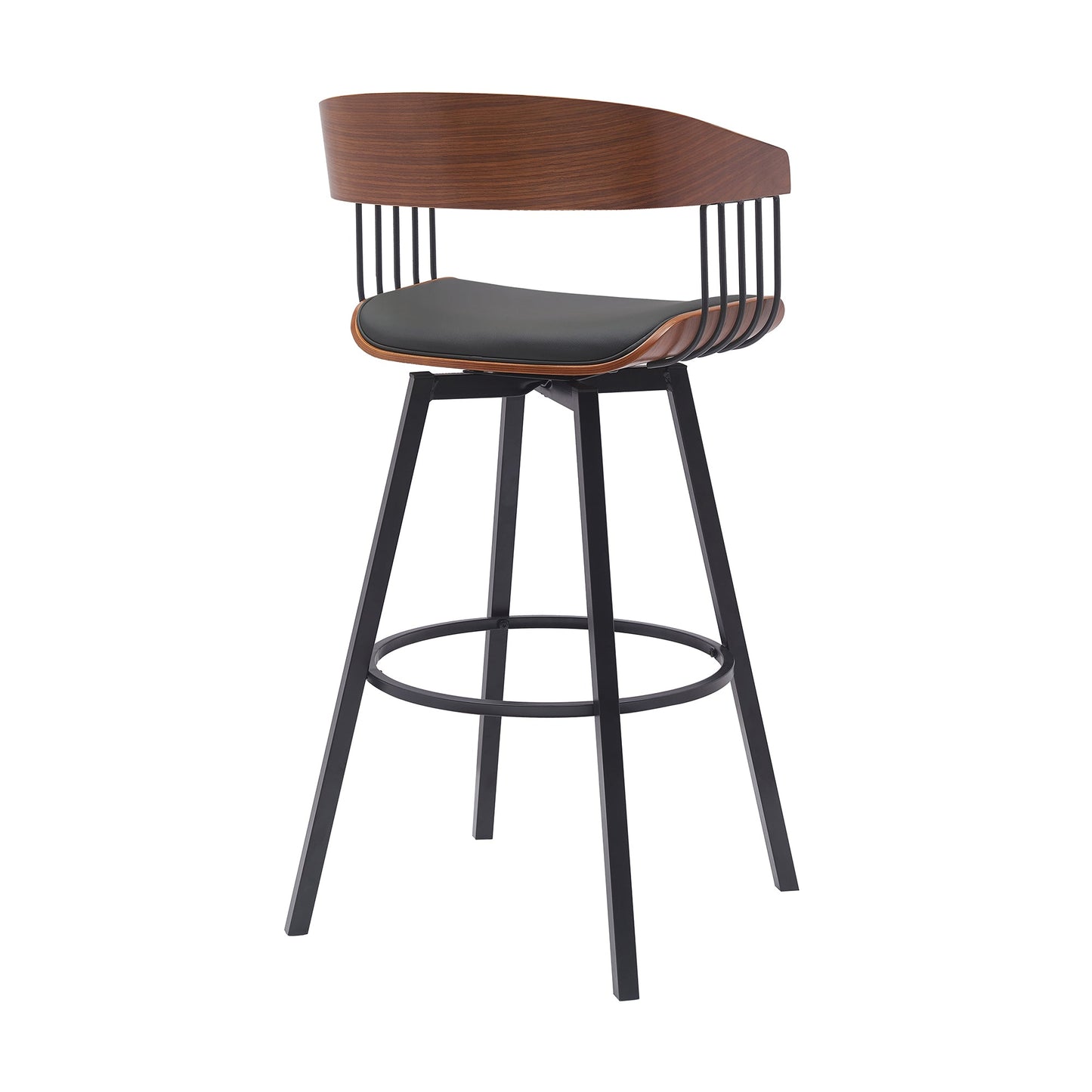 Athena 31" Swivel Walnut Wood Bar Stool in Black Faux Leather with Black Metal