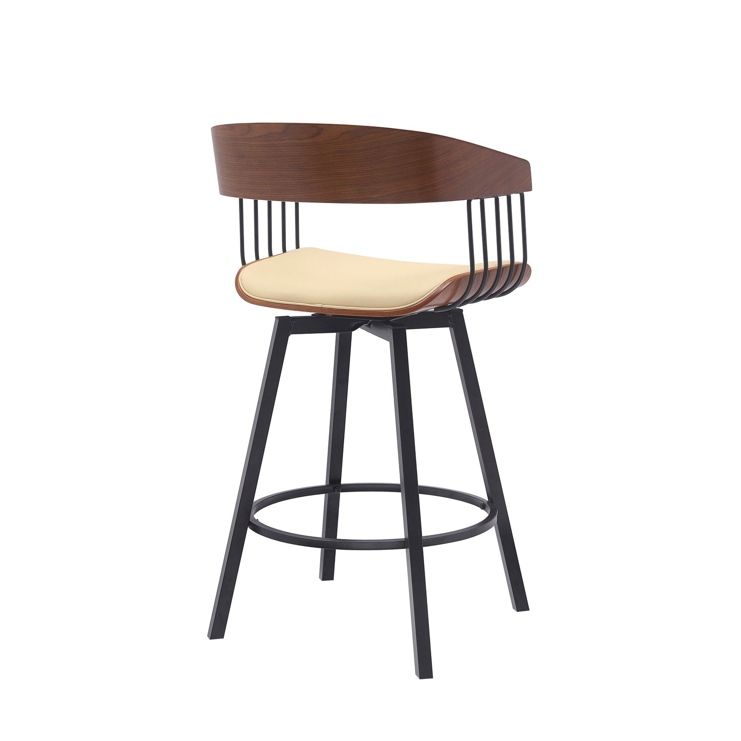 Athena 27" Swivel Walnut Wood Counter Stool in Cream Faux Leather with Black Metal