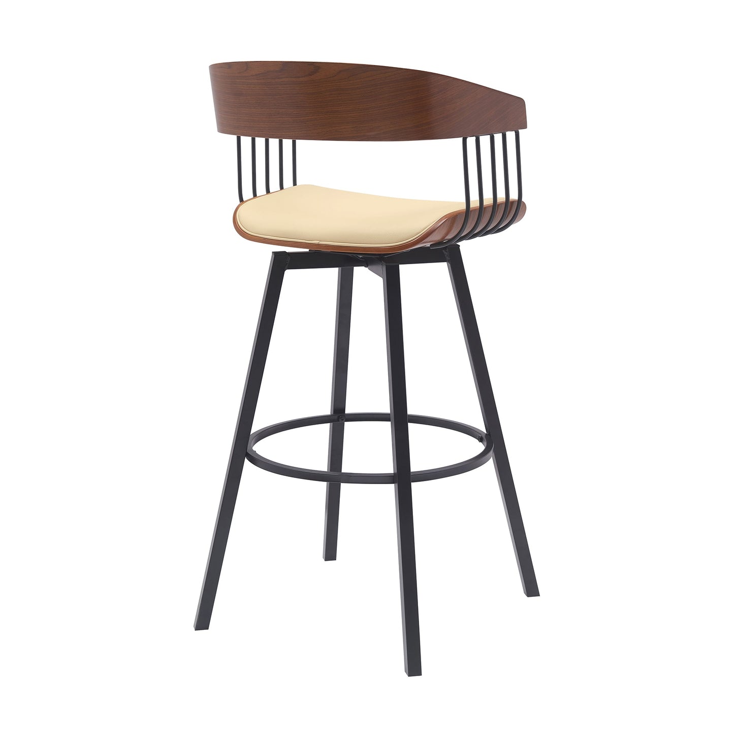 Athena 31" Swivel Walnut Wood Bar Stool in Cream Faux Leather with Black Metal