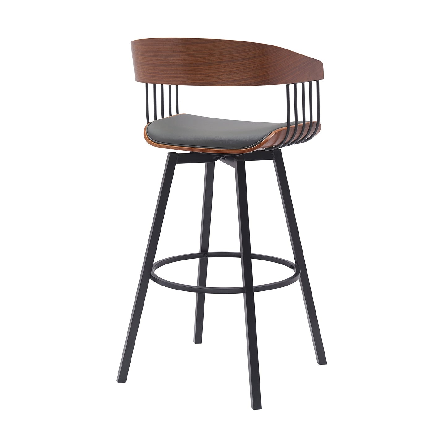 Athena 31" Swivel Walnut Wood Bar Stool in Gray Faux Leather with Black Metal