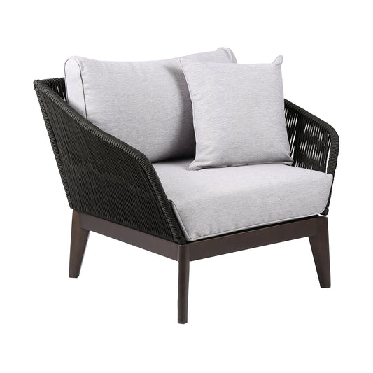 Athos Indoor Outdoor Club Chair in Dark Eucalyptus Wood with Charcoal Rope and Gray Cushions