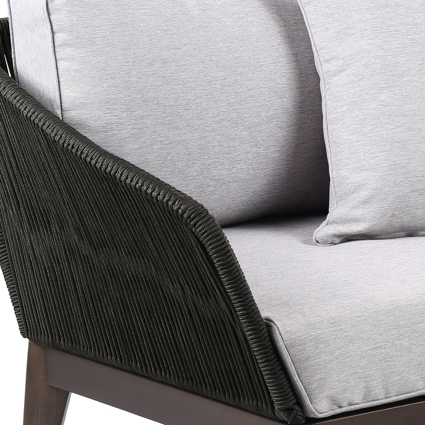 Athos Indoor Outdoor Club Chair in Dark Eucalyptus Wood with Charcoal Rope and Gray Cushions