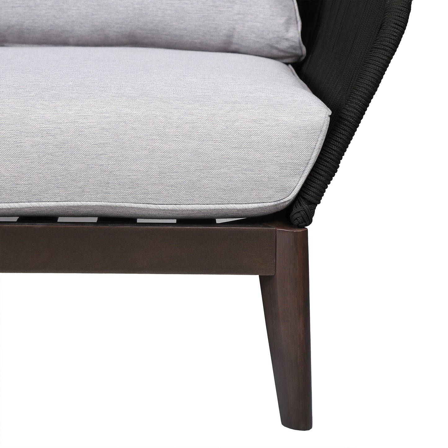 Athos Indoor Outdoor Club Chair in Dark Eucalyptus Wood with Charcoal Rope and Gray Cushions