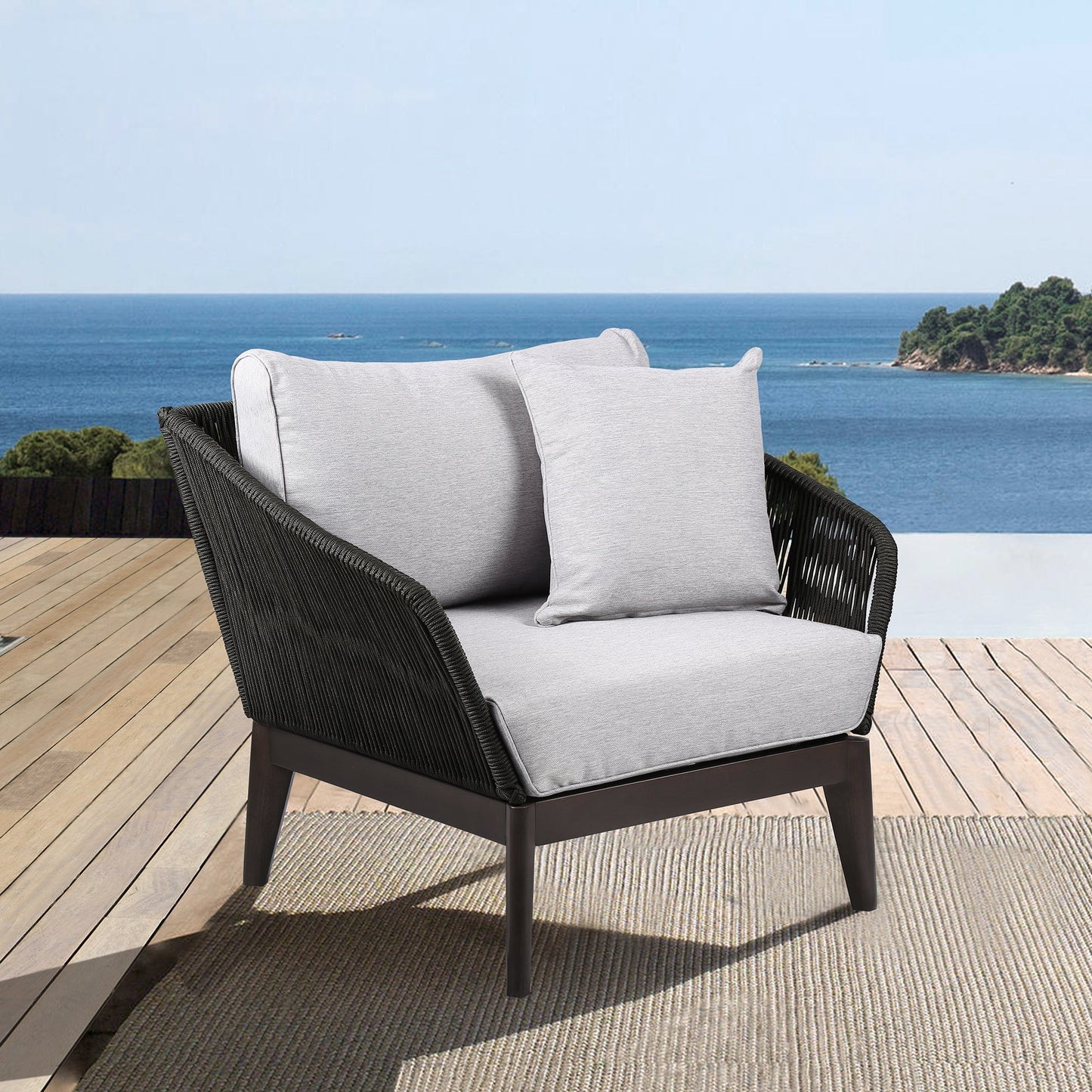 Athos Indoor Outdoor Club Chair in Dark Eucalyptus Wood with Charcoal Rope and Gray Cushions