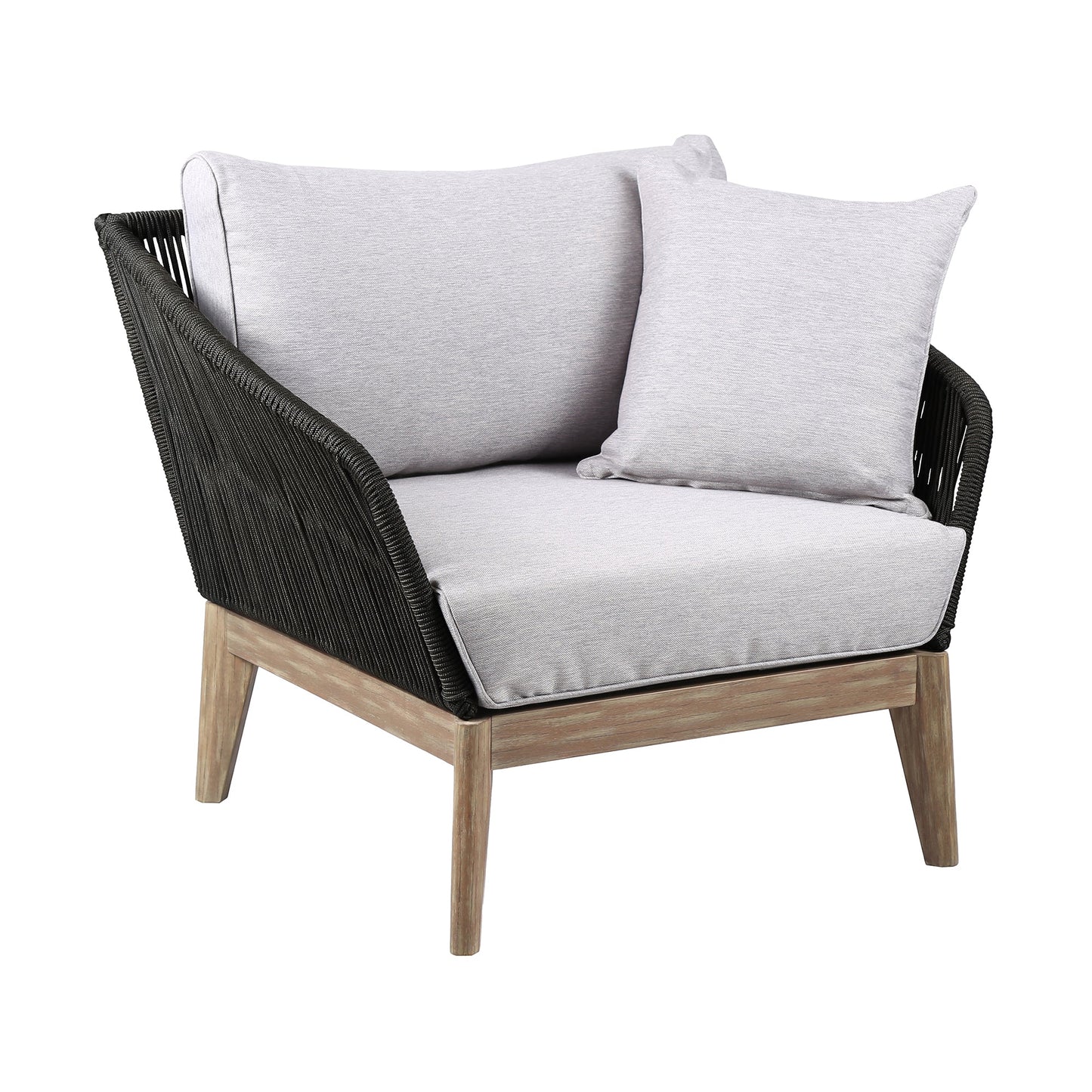 Athos Indoor Outdoor Club Chair in Light Eucalyptus Wood with Charcoal Rope and Gray Cushions