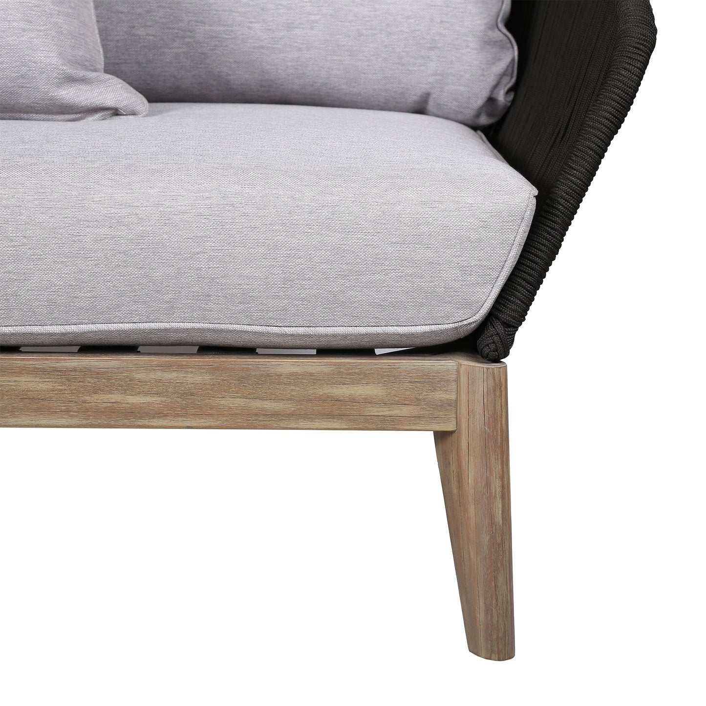 Athos Indoor Outdoor Club Chair in Light Eucalyptus Wood with Charcoal Rope and Gray Cushions