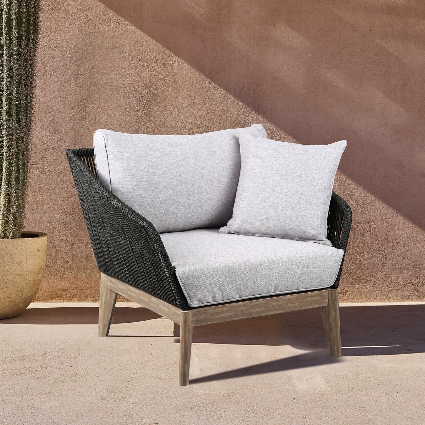 Athos Indoor Outdoor Club Chair in Light Eucalyptus Wood with Charcoal Rope and Gray Cushions