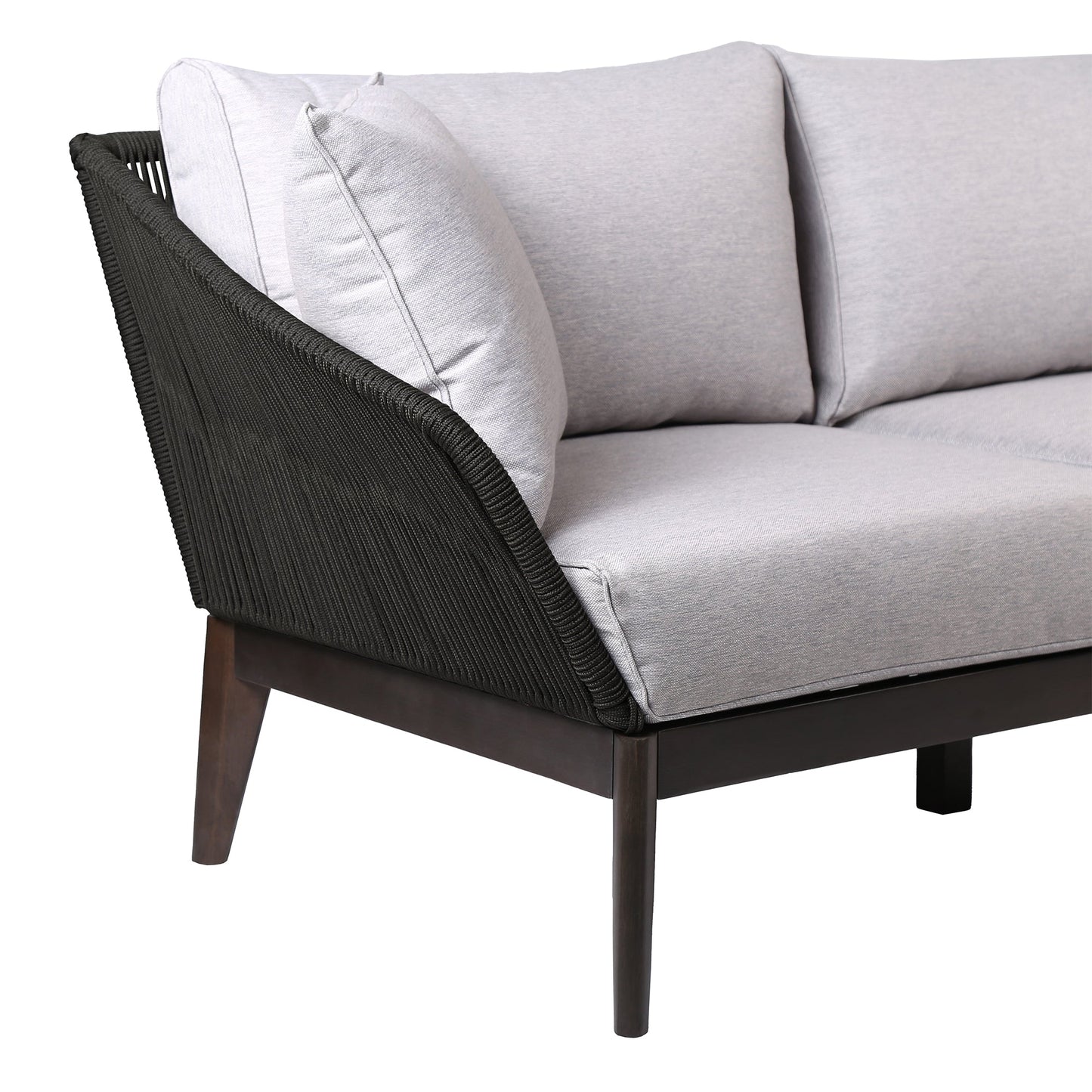 Athos Indoor Outdoor 3 Seater Sofa in Dark Eucalyptus Wood with Charcoal Rope and Gray Cushions