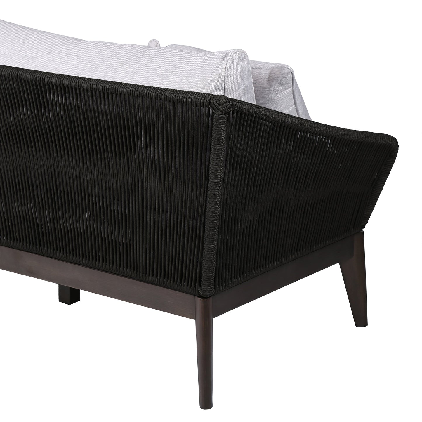 Athos Indoor Outdoor 3 Seater Sofa in Dark Eucalyptus Wood with Charcoal Rope and Gray Cushions