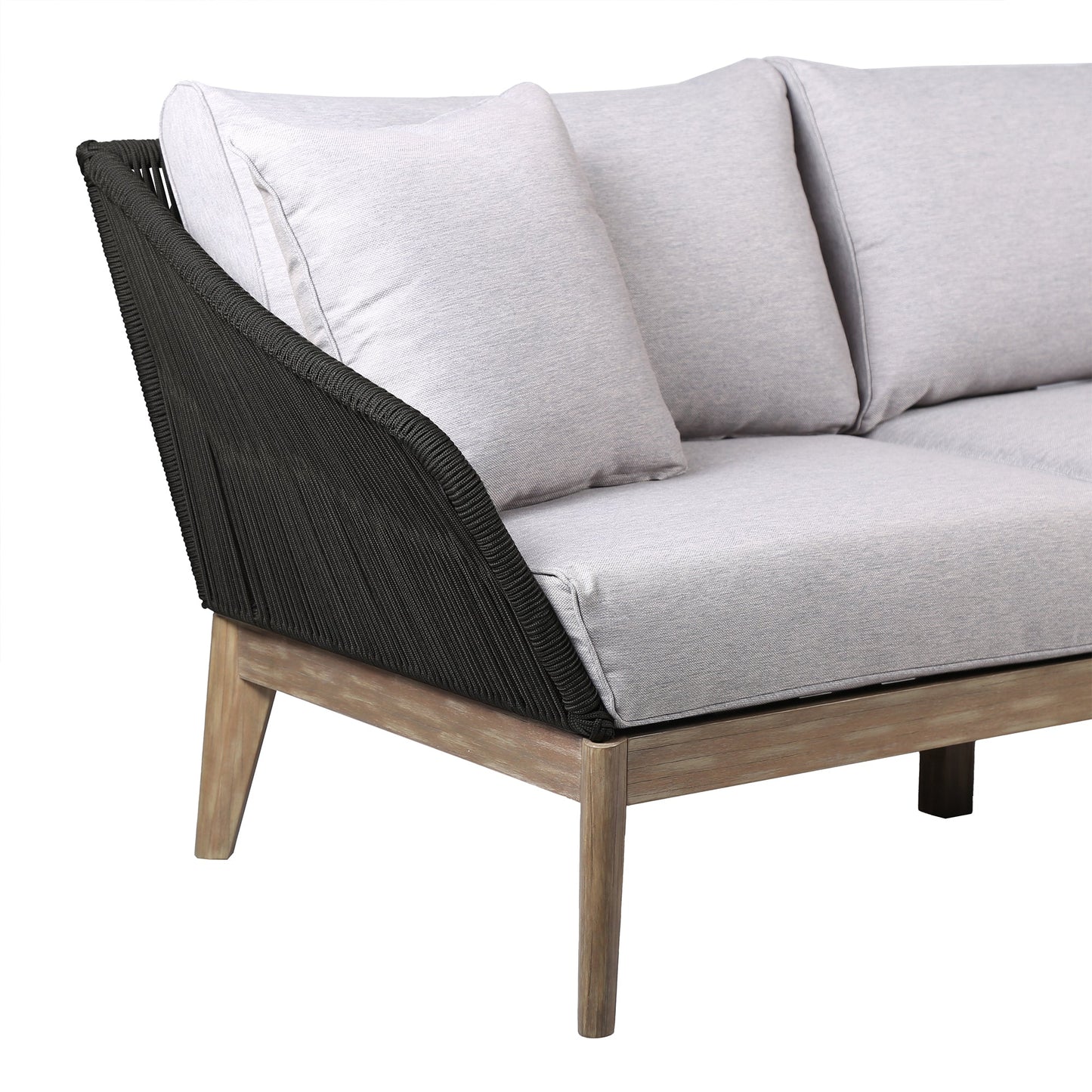 Athos Indoor Outdoor 3 Seater Sofa in Light Eucalyptus Wood with Charcoal Rope and Gray Cushions