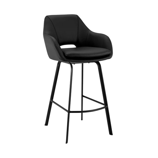 Aura Black Faux Leather and Black Metal Swivel 30" Bar Stool