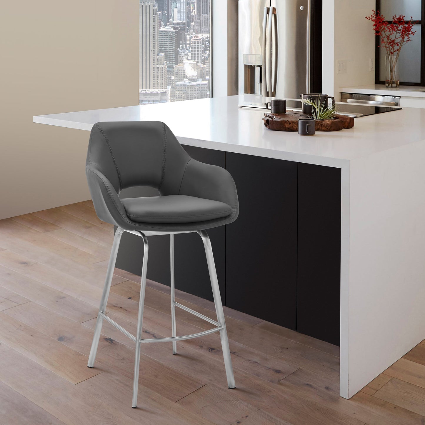 Aura Gray Faux Leather and Brushed Stainless Steel Swivel 26" Counter Stool