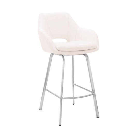 Aura White Faux Leather and Brushed Stainless Steel Swivel 30" Bar Stool