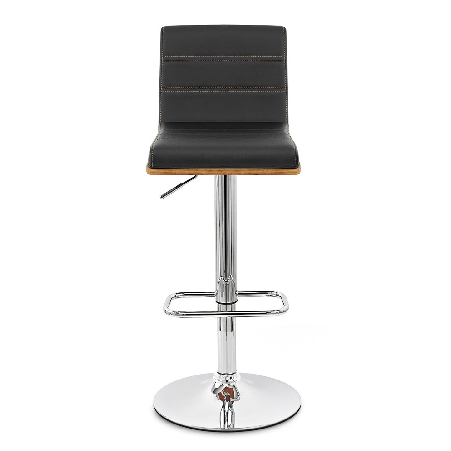 Aubrey Adjustable Height Swivel Black Faux Leather and Chrome Bar Stool with Walnut Wood