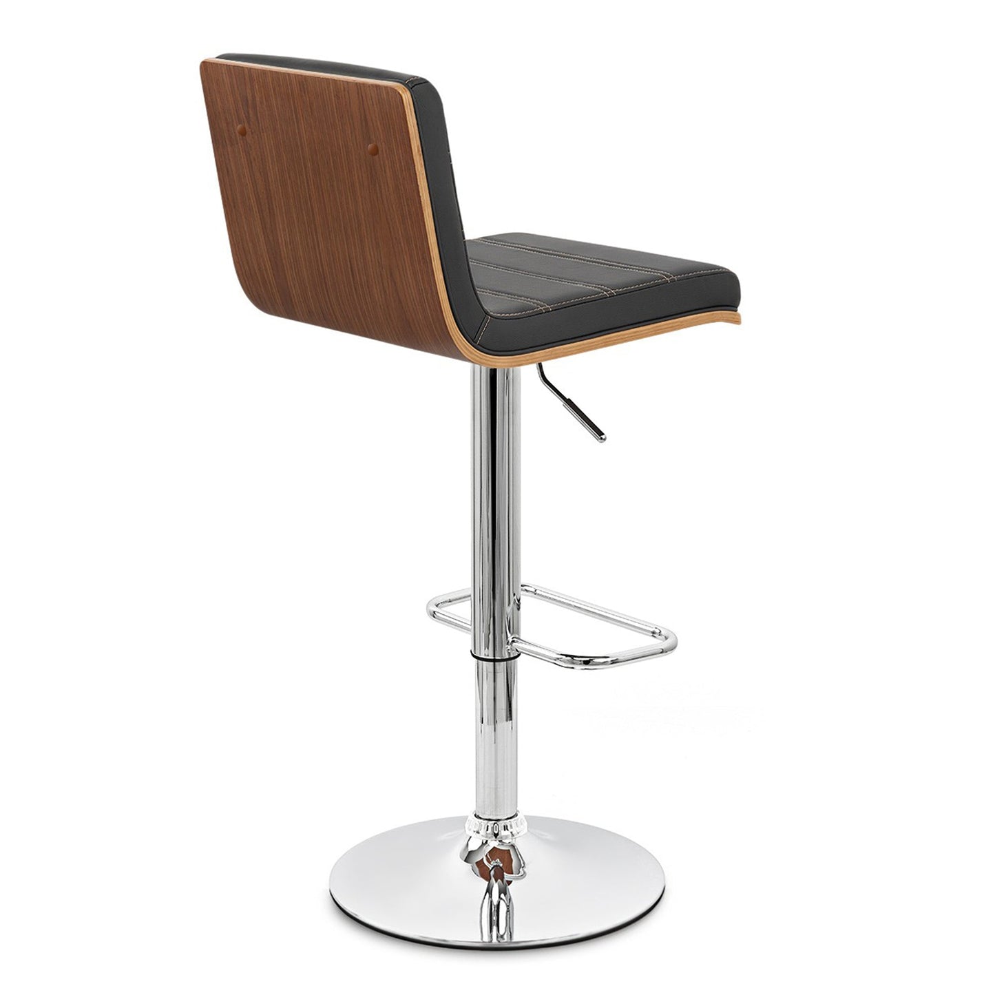 Aubrey Adjustable Height Swivel Black Faux Leather and Chrome Bar Stool with Walnut Wood