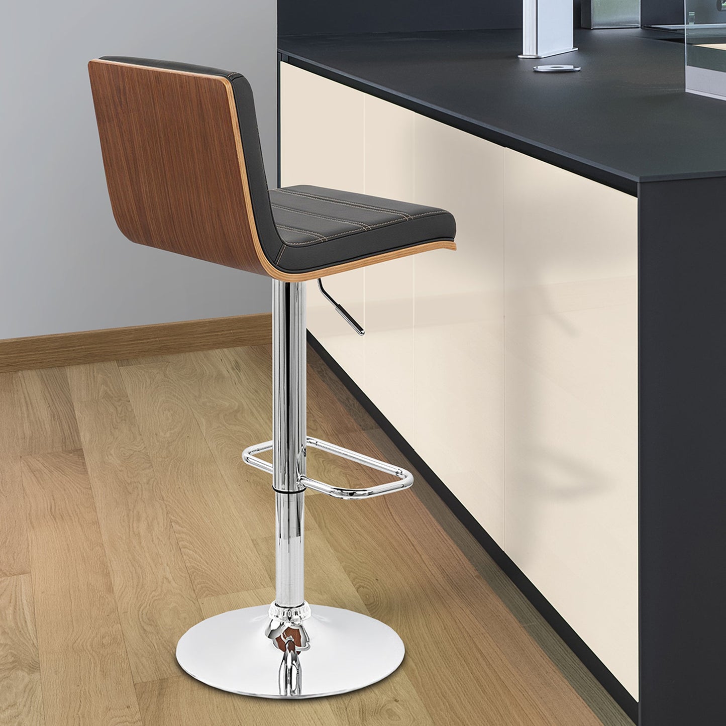 Aubrey Adjustable Height Swivel Black Faux Leather and Chrome Bar Stool with Walnut Wood