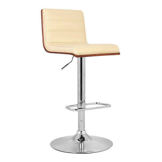 Aubrey Adjustable Height Swivel Cream Faux Leather and Chrome Bar Stool with Walnut Wood